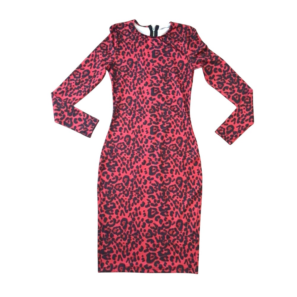 By Egreis Red Leopard Print Long Sleeve Bodycon Midi Dress Small Zip Back